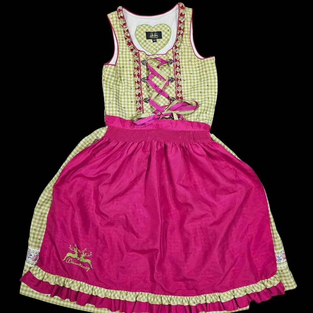 Wiesnkonig Girls German Dirndl Apron Dress Green Pink Sz‎ 12 Octoberfest